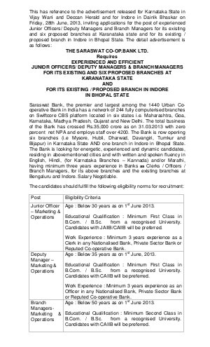 THE SARASWAT CO-OP.BANK LTD.Requires EXPERIENCED AND EFFICIENT