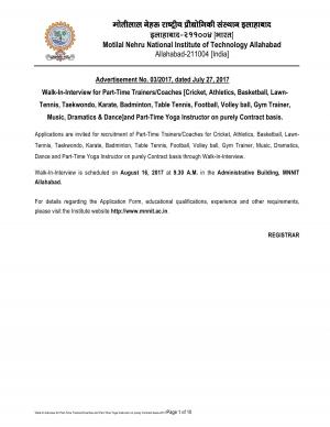 MNNIT Recruitment 2017, Walk-In-Interview for Part-Time Trainer/Coach for various Sports   