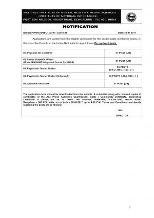 NIMHANS Recruitment 2017 for 10 Psychiatric Social Worker & Other Posts  