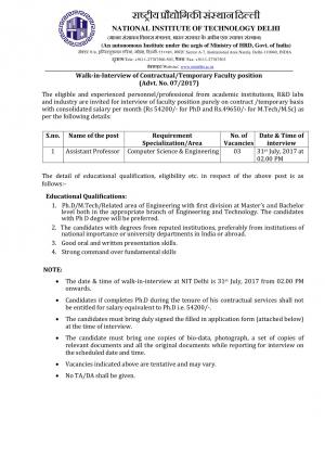 NIT, Delhi Recruitment 2017 for 03 Assistant Professor Posts