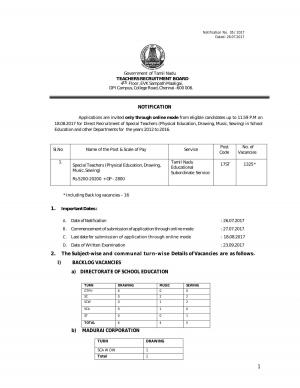 TRB, Chennai Recruitment 2017 for 1325 Special Teachers Posts; Apply before 18 August