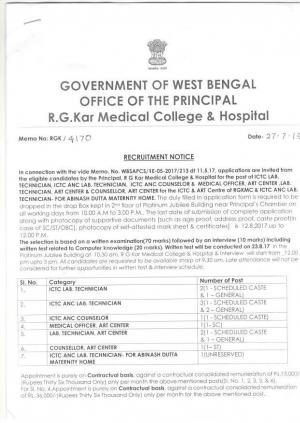 R. G. Kar Medical College & Hospital, WB Recruitment 2017 for 11 ICTC Lab Technician and Other Posts