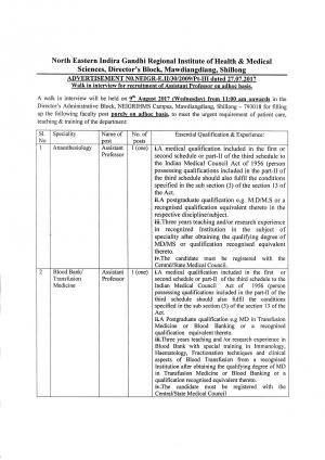 NEIGRIHMS, Shillong Recruitment 2017 for 04 Assistant Professor Posts