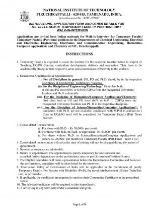 NIT, Tiruchirappalli Recruitment 2017 for 15 Temporary Faculty Posts