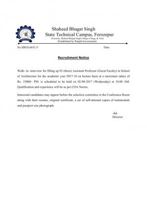 SBSSTC, Ferozepur Recruitment 2017 for 03 Assistant Professor Posts
