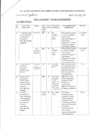 CSAUAT, Kanpur Recruitment 2017 for JRF, SRF and Other Posts