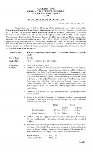 Mizoram Public Service Commission Recruitment 2017 for 05 ACF Posts 