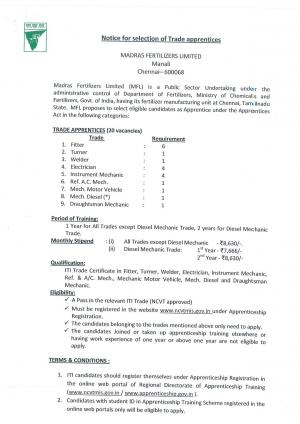 Madras Fertilizers Limited Recruitment 2017, 20 Vacancies for Trade Apprentice Posts