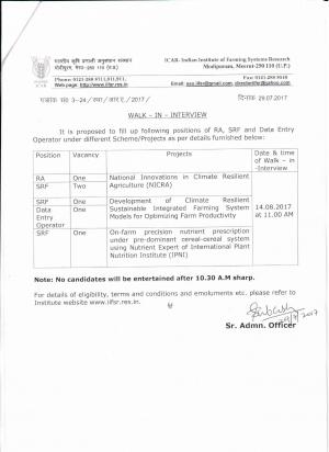 ICAR IIFSR Recruitment 2017, Walk in for the 6 SRF/RA and Data Entry Operator Posts