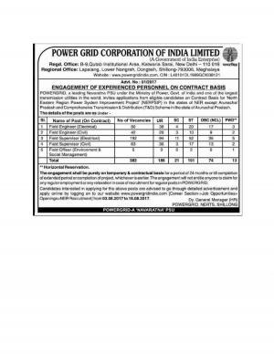 PGCIL Recruitment 2017 for 382 Field Engineer