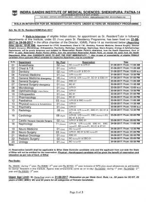 IGIMS Recruitment 2017 for 57 Senior Resident/Tutor Posts