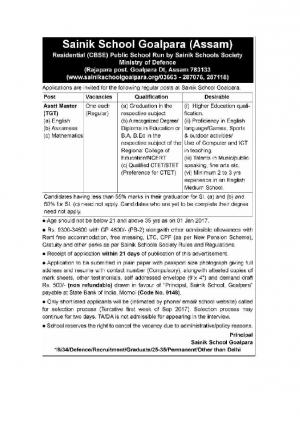 Sainik School Goalpara (Assam) Recruitment 2017 for 03 Assistant Master Posts