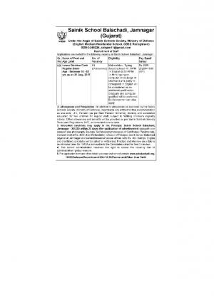 Sainik School Balachadi, Jamnagar Recruitment 2017 for LDC Post