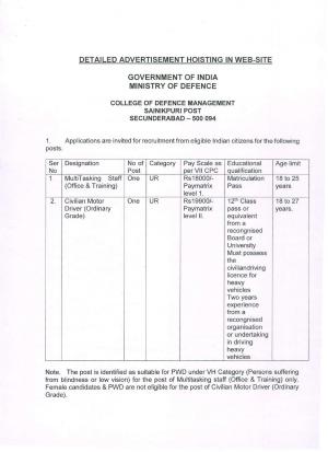 College of Defence Management Recruitment 2017, Apply for MTS and Civilian Driver Posts