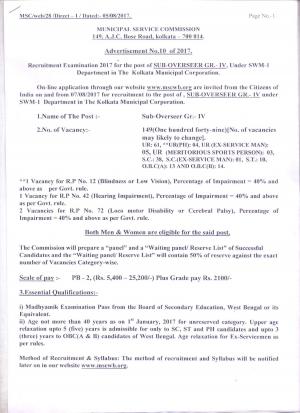 MSC, WB Recruitment 2017 for 149 Sub-Overseer Posts 