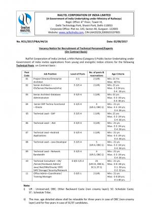 RCIL Recruitment 2017, 50 Vacancies for Technical Personnel/Experts Posts