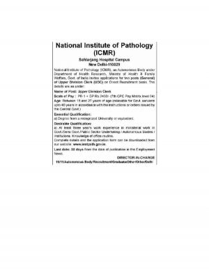 ICMR National Institute of Pathology Recruitment 2017, 2 Vacancies for Upper Divisional Clerk Posts
