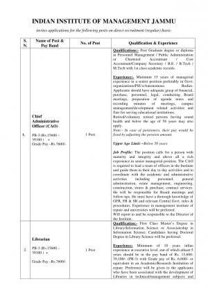 IIM, Jammu Recruitment 2017 for 11 Chief Administrative Officer (CAO) and Other Posts