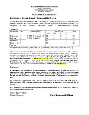 Konkan Railway Recruitment 2017 for 11 Assistant Engineer Posts