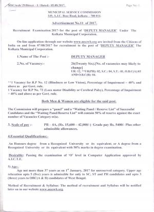 MSC, WB Recruitment 2017 for 26 Deputy Manager Posts 