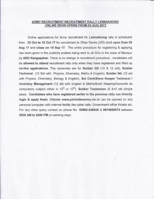 Join Indian Army, Apply for Army Recruitment Rally at Leimakhong 