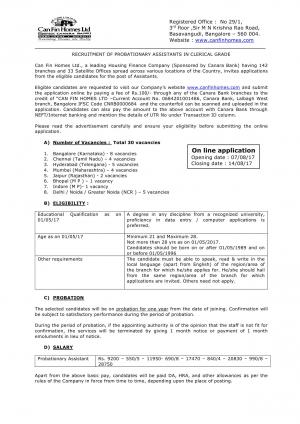 Canara Bank Recruitment 2017, 30 Vacancies for Probationary Assistant for Can Fin Homes Ltd 