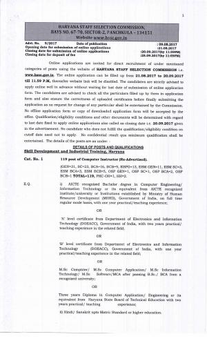 Haryana SSC Recruitment 2017 for 1391 Comp Instructor & Other Posts; Apply before 20 Sep 2017 
