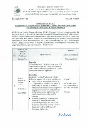 CSIR CLRI Recruitment 2017, Apply for SRF, JRF and Project Assistant Posts