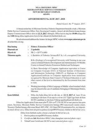 Mizoram Public Service Commission Recruitment 2017 for 02 Fishery Extension Officer Posts