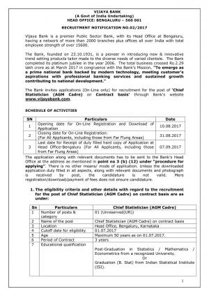 Vijaya Bank Recruitment 2017, Apply for Chief Statistician (AGM Cadre) Post