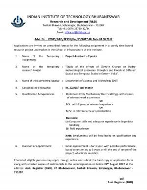 IIT, Bhubaneshwar Recruitment 2017 for 02 Project Assistant Posts 