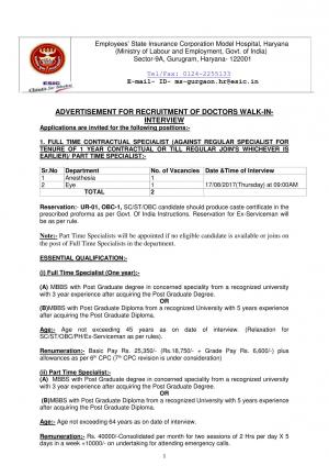ESIC Hospital, Haryana Recruitment 2017 for 08 Doctor Posts