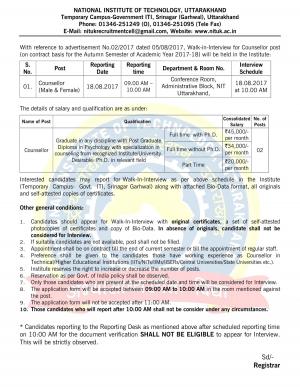 NIT, Uttarakhand Recruitment 2017 for 02 Counsellor Posts 