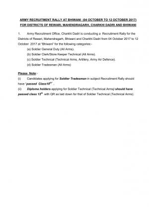 Join Indian Army, Walk in for the Army Recruitment Rally at Bhiwani 