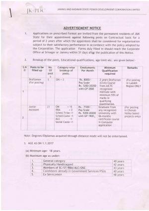 JKSPDC Recruitment 2017 for 24 Draftsman & Junior Assistant Posts