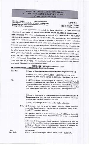 Haryana SSC Recruitment 2017 for 1064 Craft Instructor & Other Posts; Apply before 5 Oct 2017