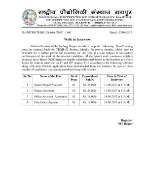 NIT, Raipur Recruitment 2017 for 05 Senior Project Assistant and Other Posts