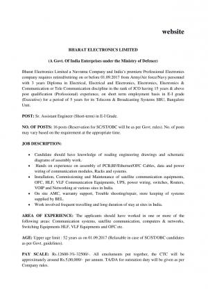 BEL Recruitment 2017, Apply for 23 Vacancies of Sr. Assistant Engineer Post