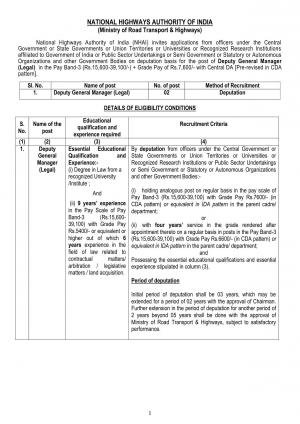 NHAI Recruitment 2017 for 02 Deputy General Manager (Legal) Posts
