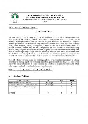 TISS Recruitment 2017 for 16 Teaching & Non-Teaching Posts