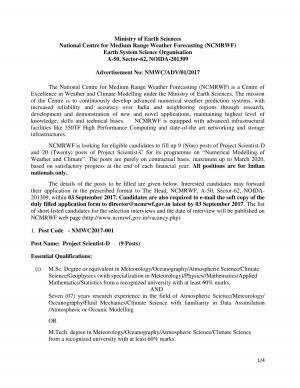 NCMRWF Recruitment 2017 for 29 Project Scientist Posts