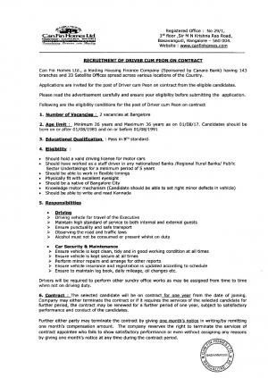 Can Fin Homes Ltd Recruitment 2017 for 02 Driver cum Peon Posts 