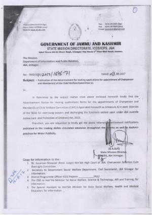 State Mission Directorate, J&K Recruitment 2017 for 02 Chairperson & Member Posts