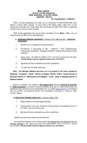 MOIL Limited, Nagpur Recruitment 2017 for 13 Managerial Posts