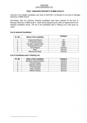 Dena Bank Declared Final Result for Manager (Security) in MMG Scale II Post