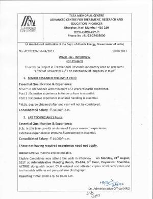 TMC Recruitment 2017 for 03 Senior Research Fellow & Other Posts