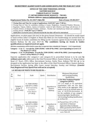 Eastern Railway Recruitment 2017 against Scouts & Guides Quota