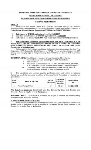 TSPSC, Hyderabad Recruitment 2017 for 67 Forest Range Officer Posts