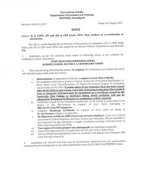 SSC Delhi Police Recruitment SI / ASI in CAPF/CISF Exam 2016, Document Reverifcation Date Released