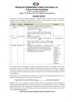 BECIL Recruitment 2017 for 42 Monitor & Content Auditor Posts 